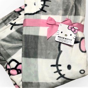 Sanrio Hello Kitty Plush Throw Blanket Gray & White Gingham Check 50"x70…